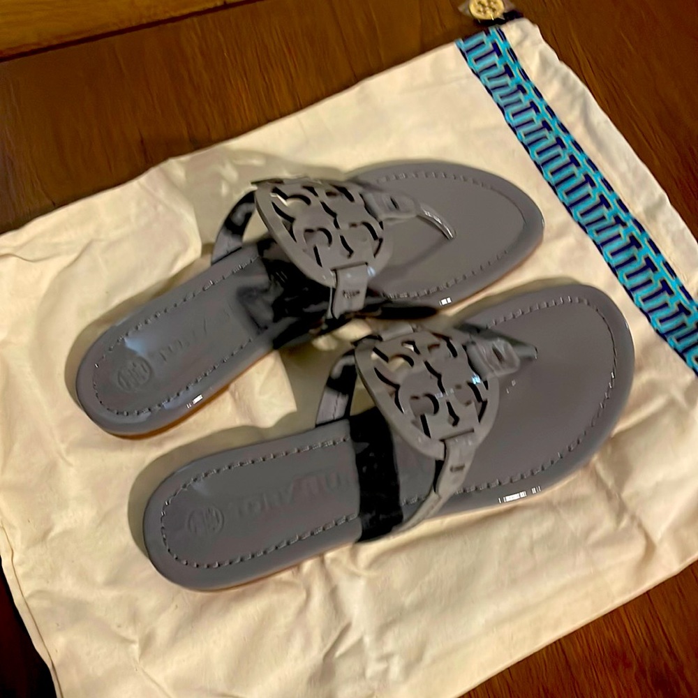 NBW Dark Malta gray Miller Patent leather Tory Burch sandals.